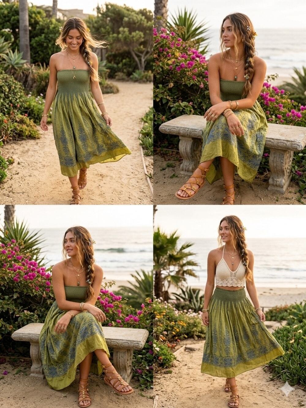 Lapis Boho Smocked Convertible Dress Skirt Blue Embroidered Olive Green One Size